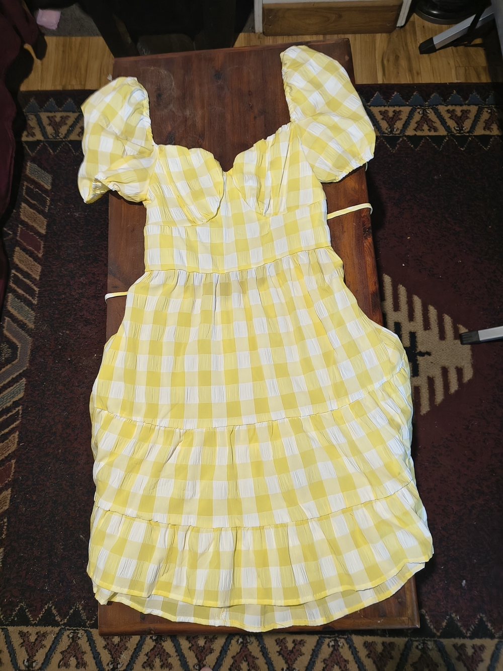 Women's Yellow Gingham Puff-Sleeve Summer Dress